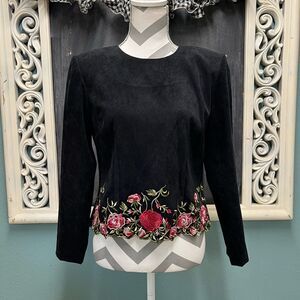 Positive Attitude 90’s micro suede long sleeve floral embroidered top